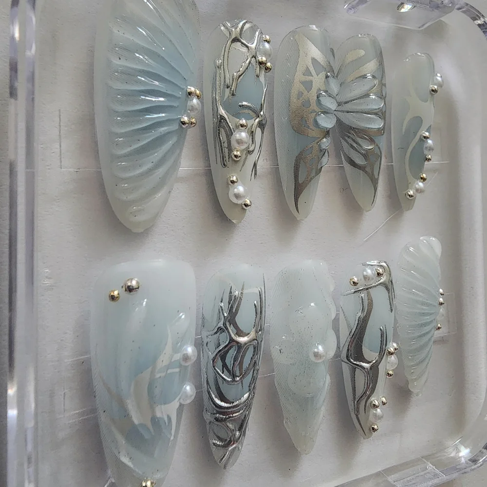 3D Mermaid Core Stiletto Press On Nails - Butterfly & Shell - Size Medium